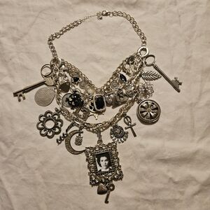 Vintage Chunky Charm Silver Toned Steampunk Statement Clutter Necklace 18 Inches